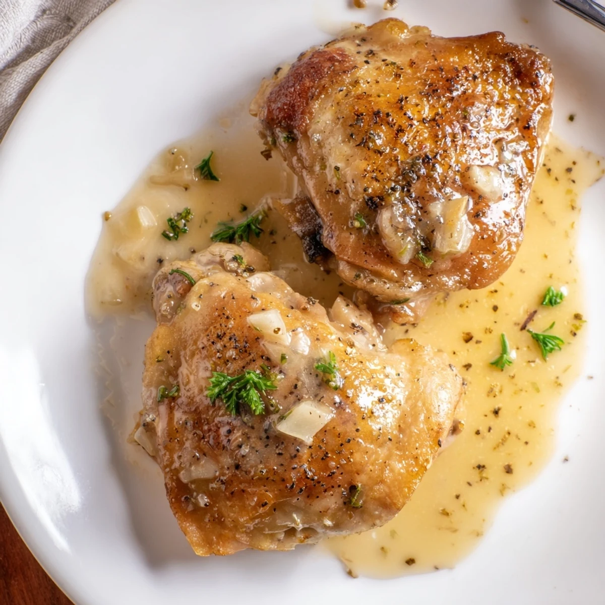 Skillet of Creamy Garlic Chicken Thighs With Herbs served over mashed potatoes