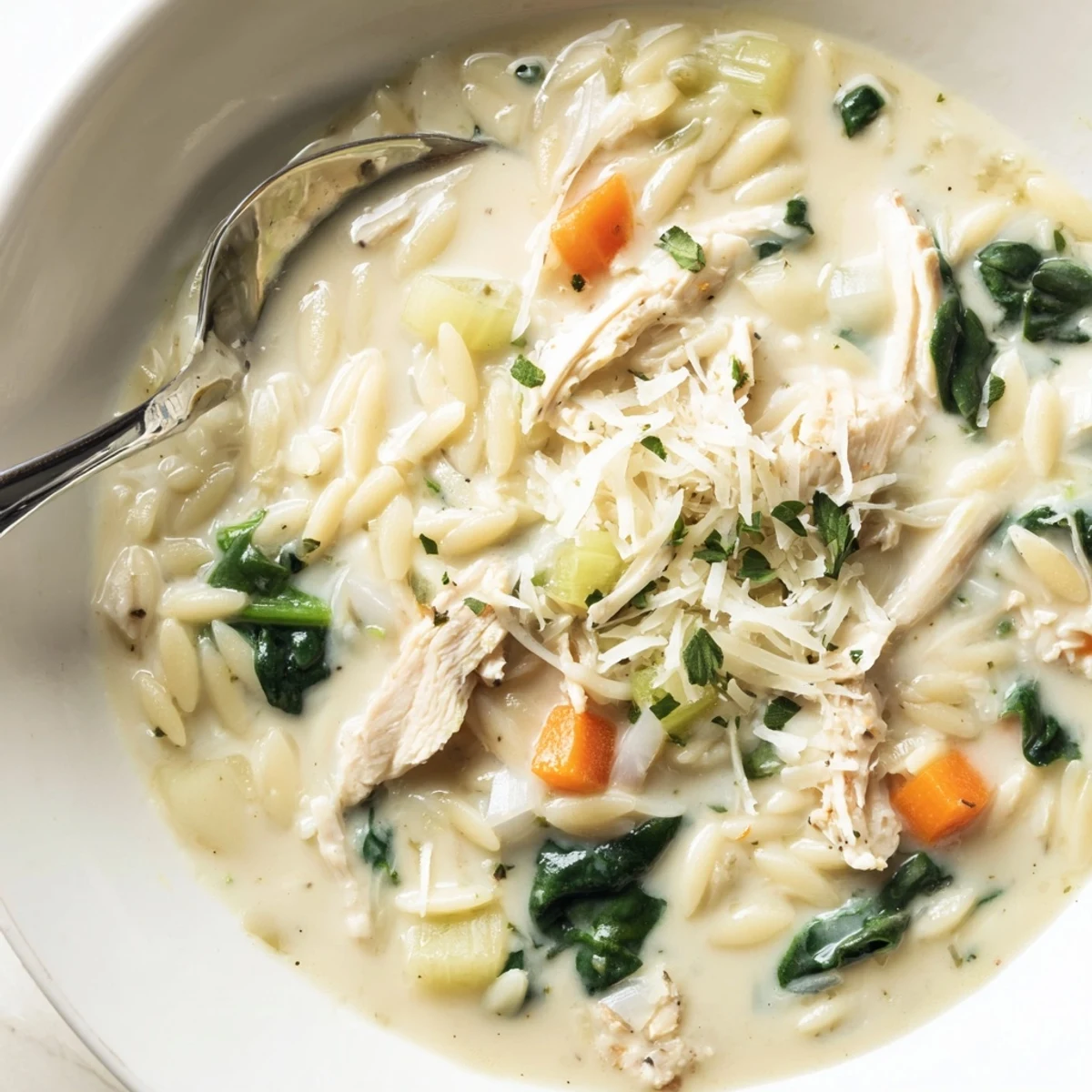 Creamy Chicken Florentine Soup With Orzo steaming in bowl, tender chicken, wilted spinach