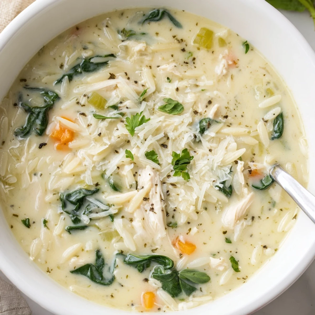 Warm Creamy Chicken Florentine Soup With Orzo ladled over crusty bread