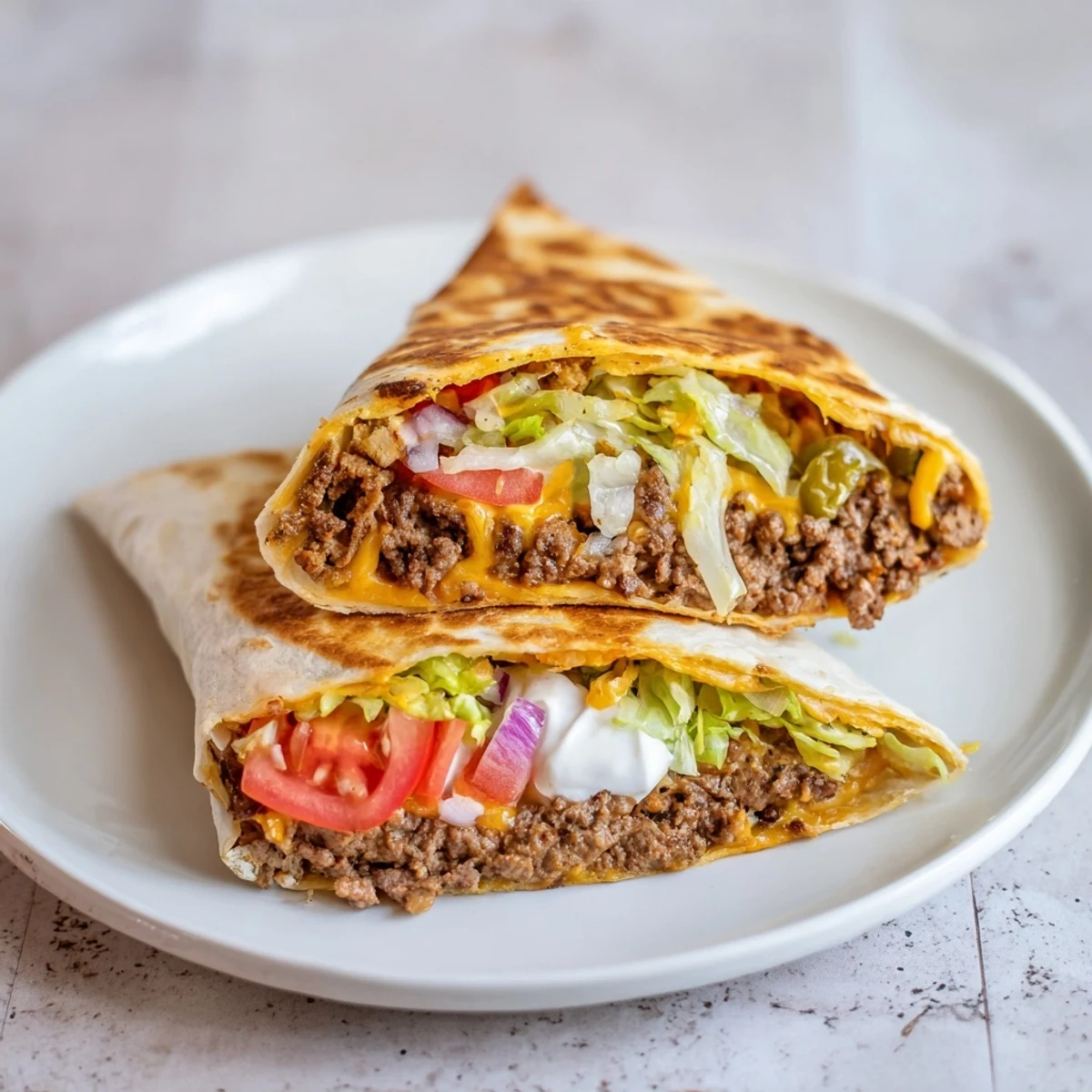Ultimate Cheesy Beef Crunch Wraps halved, gooey cheddar oozing, crisp toasted tortilla