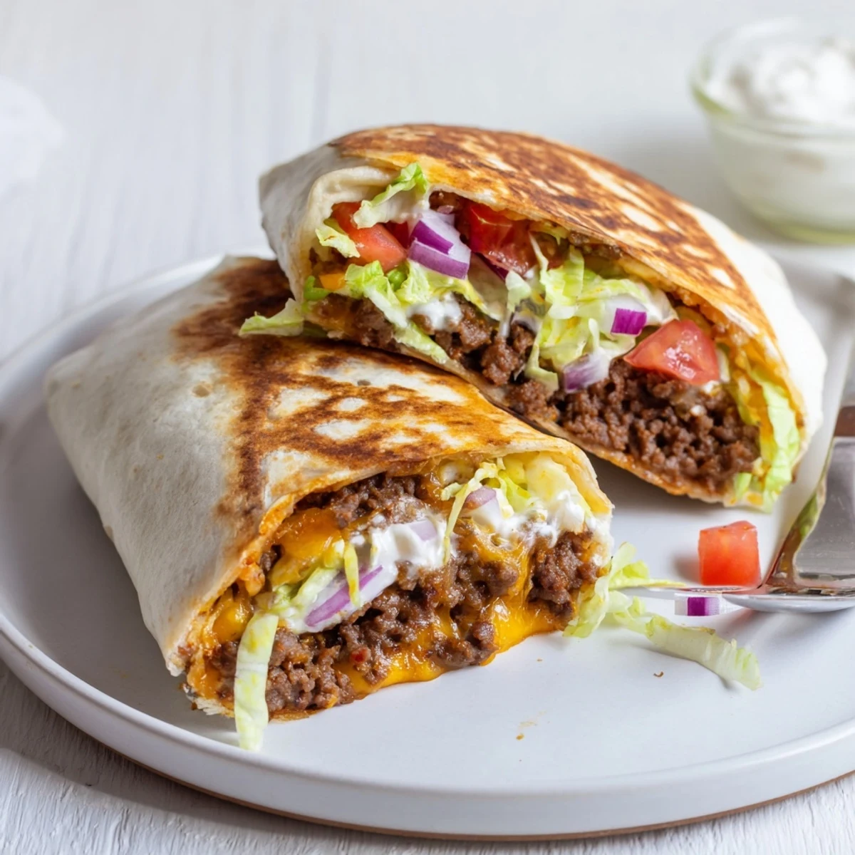 Plate of Ultimate Cheesy Beef Crunch Wraps with fresh salsa and sour cream