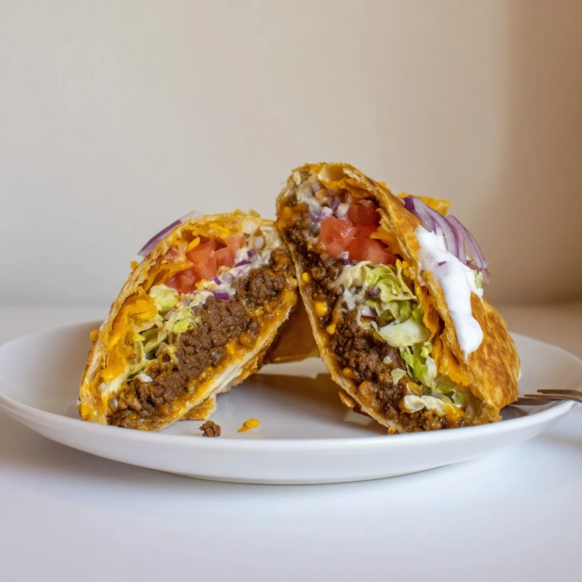 Griddle-seared Ultimate Cheesy Beef Crunch Wraps showing crunchy tostada layer, steaming