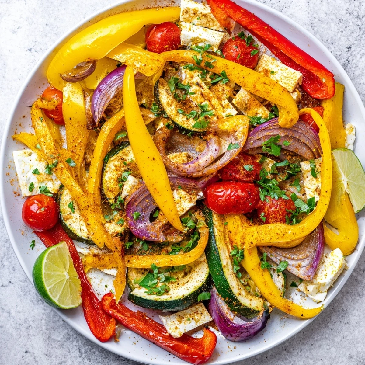 Tajin Feta Sheet Pan Fajitas with roasted peppers, zesty lime and cilantro.