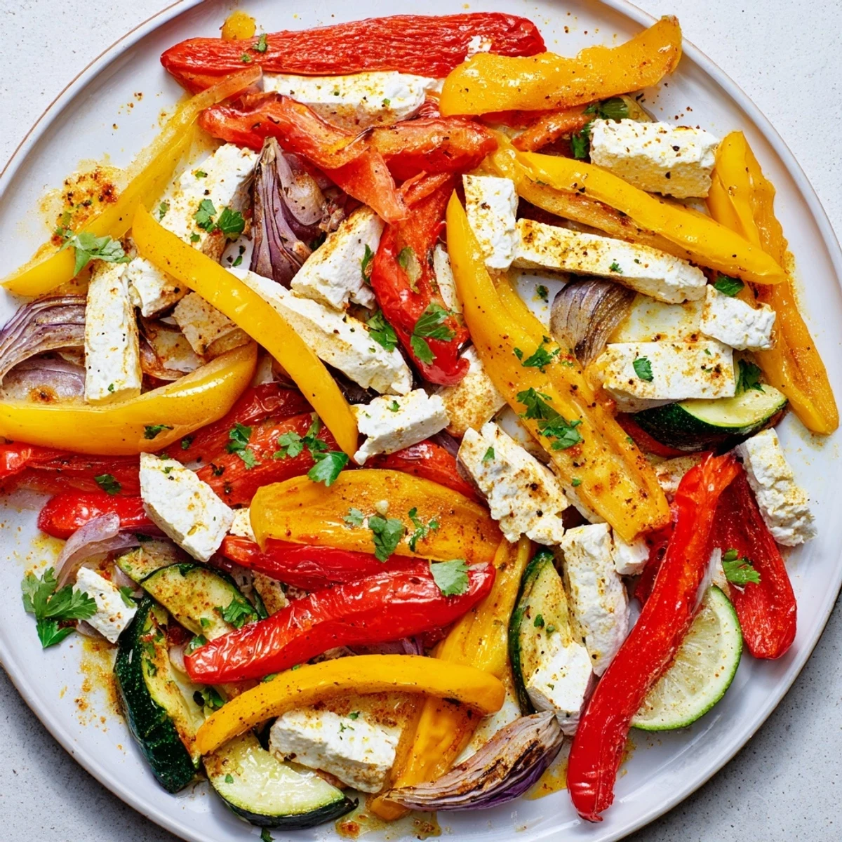 A close-up of Tajin Feta Sheet Pan Fajitas steaming on parchment.