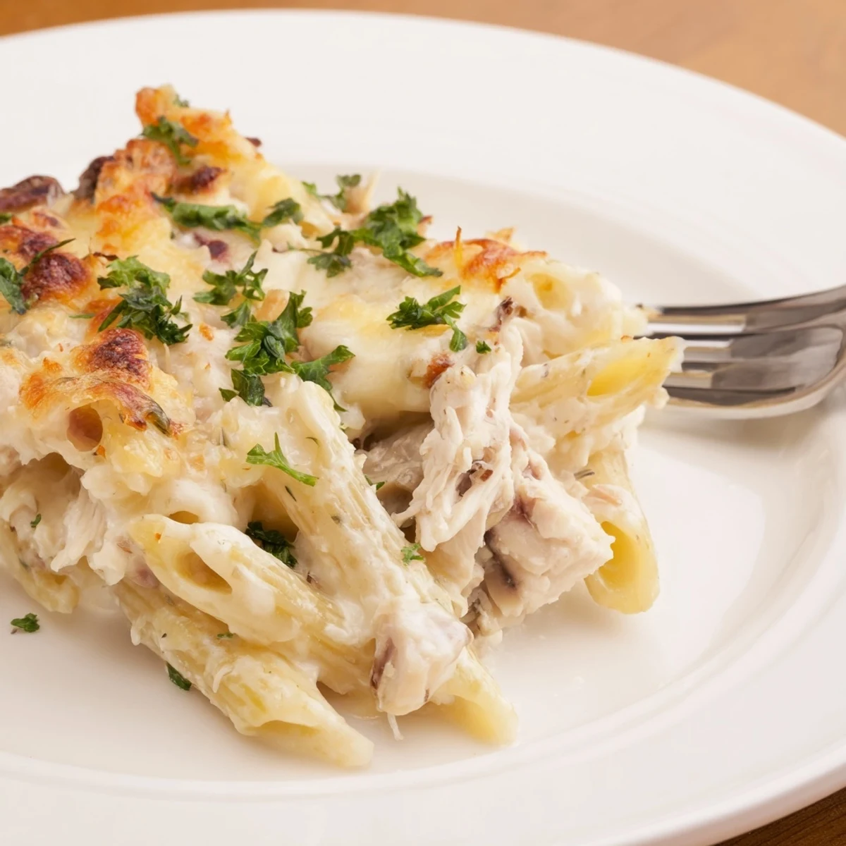 Warm Creamy Chicken Alfredo Bake With Mozzarella Crust, tender chicken and bubbling cheese