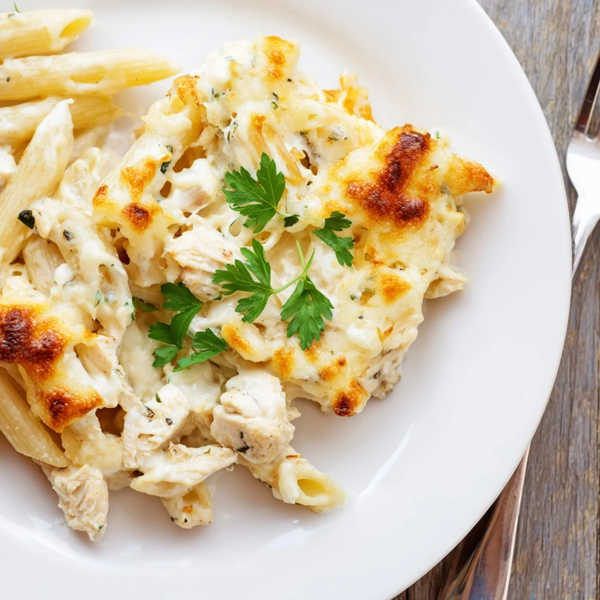 Creamy Chicken Alfredo Bake With Mozzarella Crust, bubbling golden, served with parsley