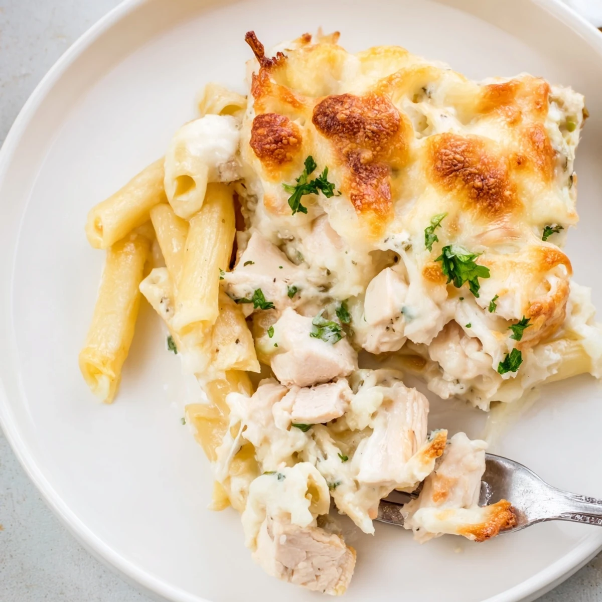 Creamy Chicken Alfredo Bake With Mozzarella Crust, family style casserole sliced beside garlic bread