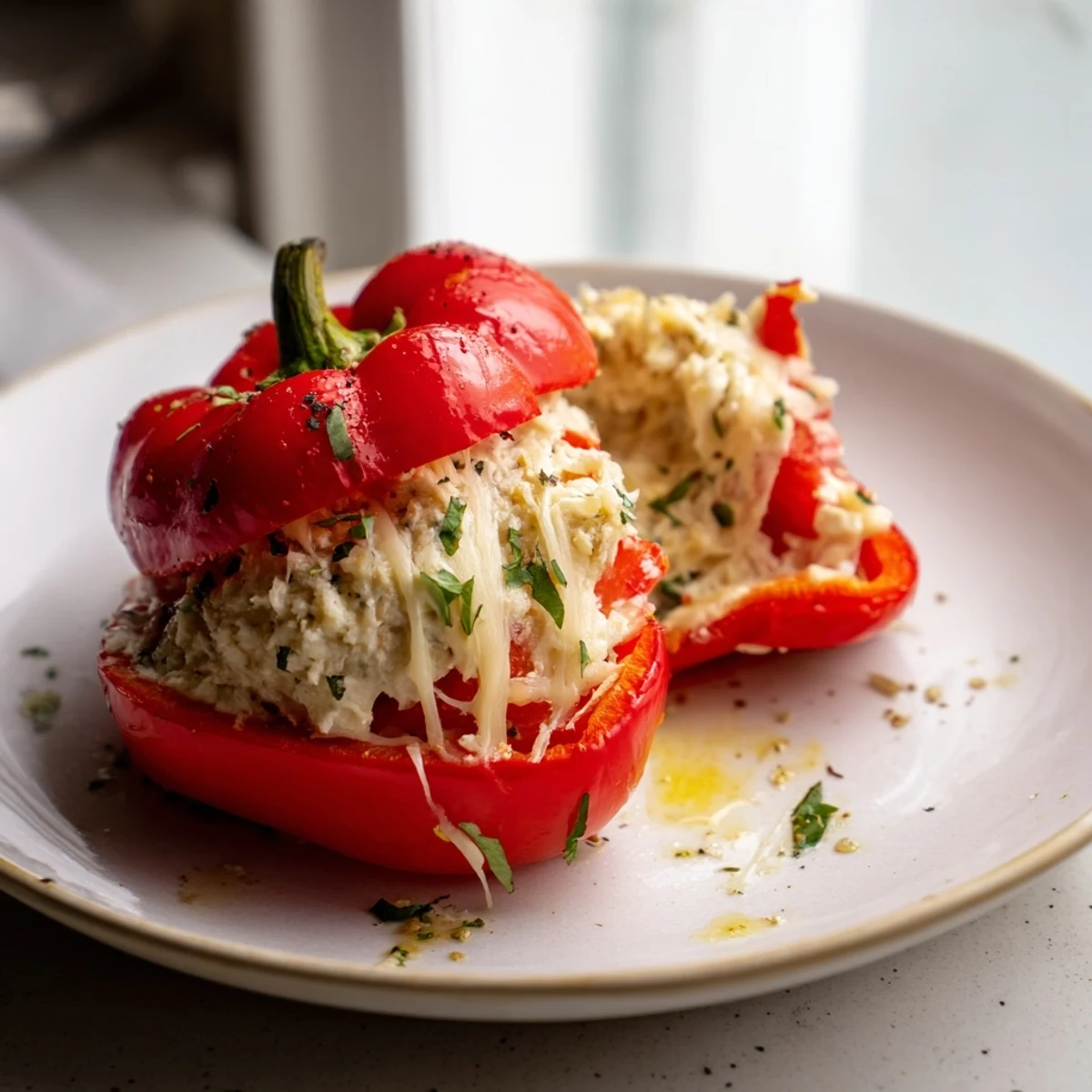 Halved Herby Ricotta Stuffed Peppers, creamy filling dotted with fresh basil