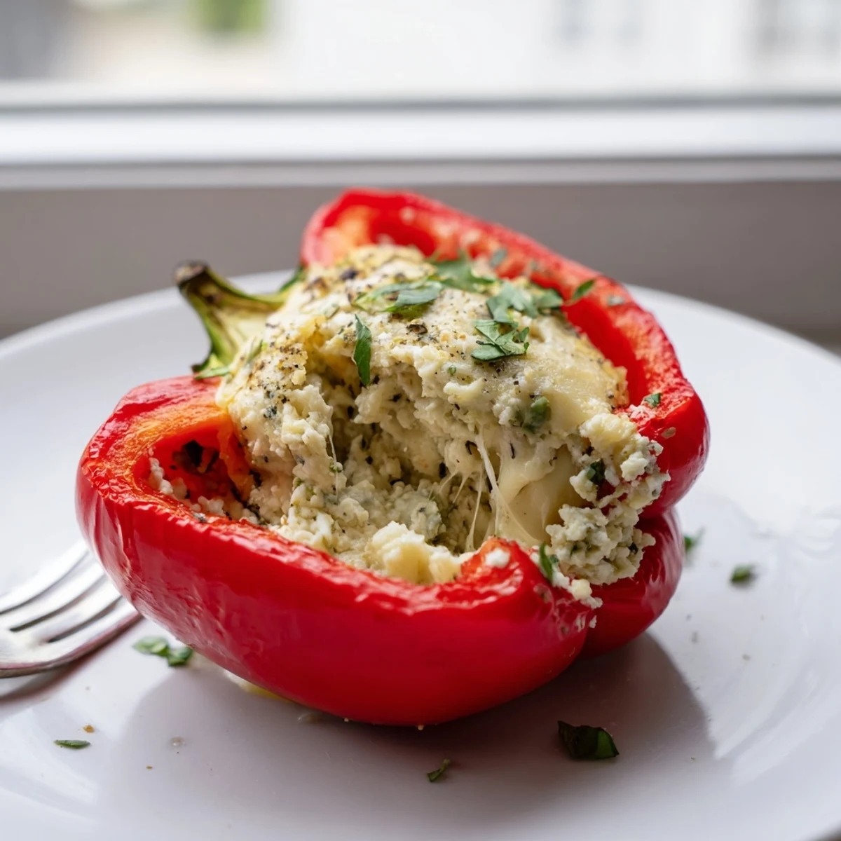 Close-up of Herby Ricotta Stuffed Peppers, lemon-zested filling and melted mozzarella