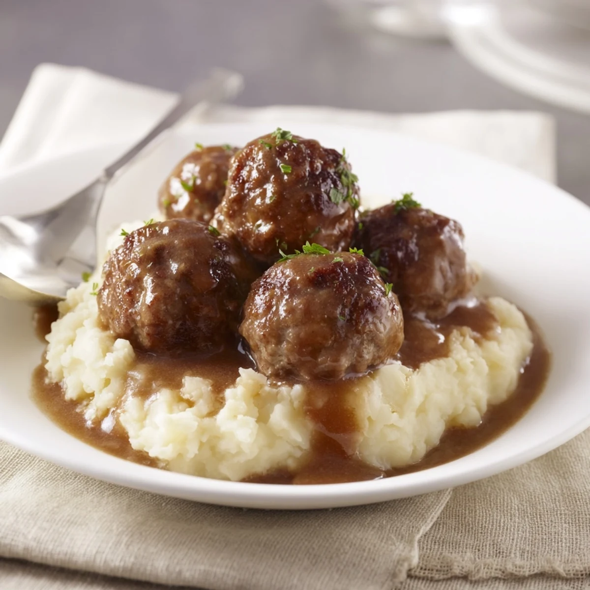 Crockpot Meatballs Gravy bubbling over mashed potatoes, rich aroma and silky sauce.
