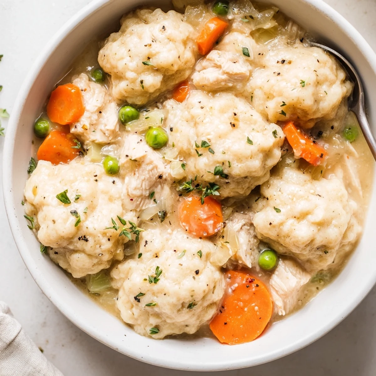 One Pot Chicken And Dumplings bubbling in a Dutch oven, steam rising