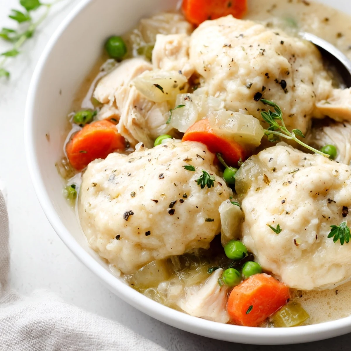 Hearty One Pot Chicken And Dumplings: tender chicken, fluffy dumplings, savory broth