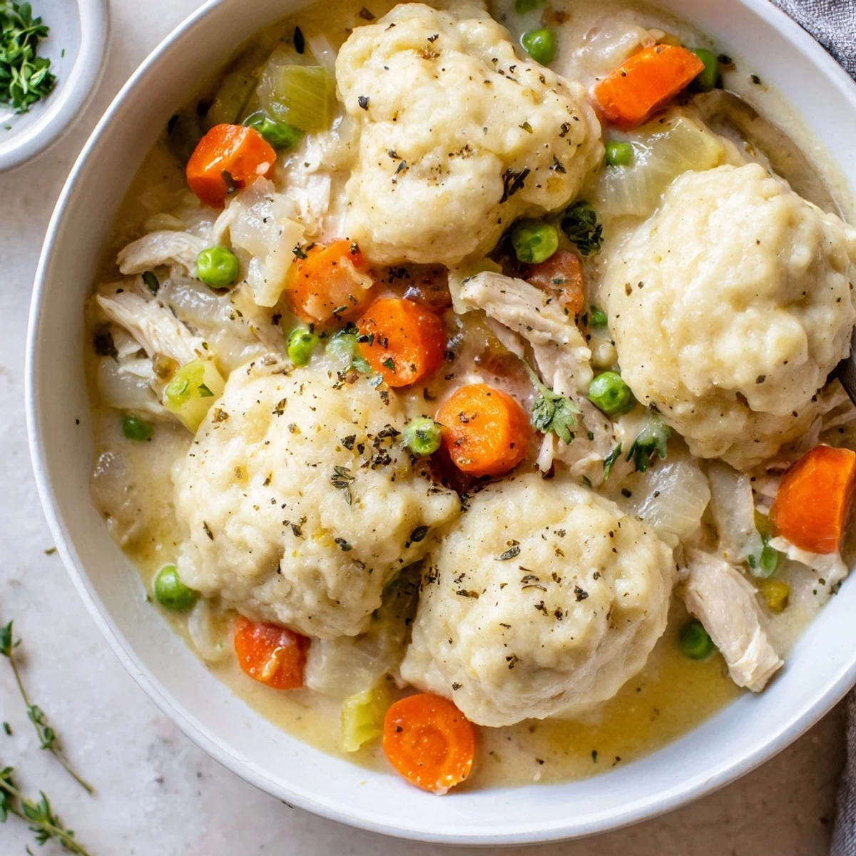 Warm One Pot Chicken And Dumplings ladled into bowls with parsley garnish