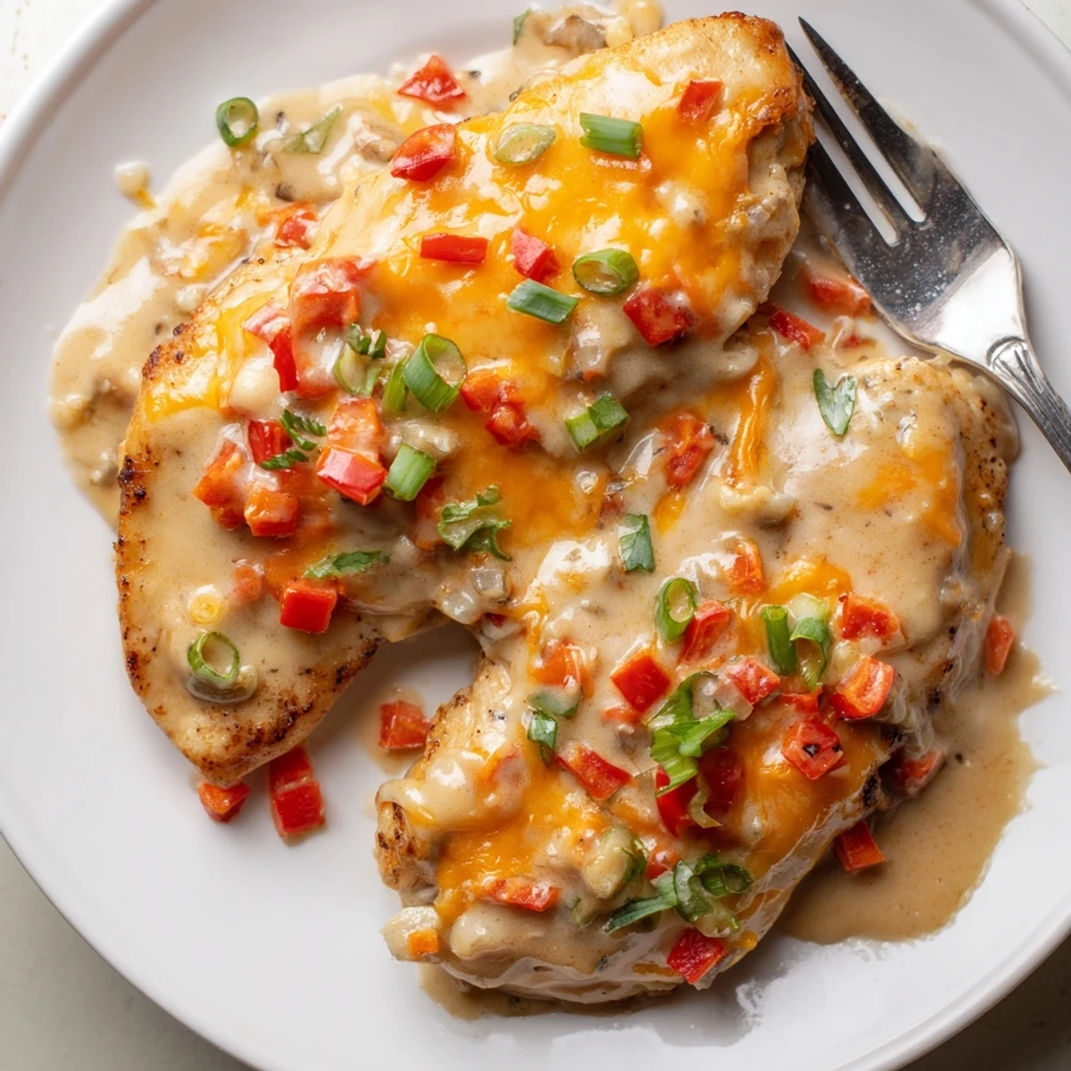 Creamy Mississippi Mud Chicken topped with green onions, served over mashed potatoes