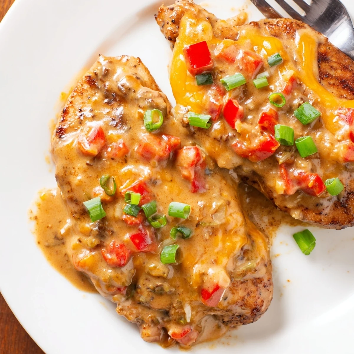 Mississippi Mud Chicken in skillet, creamy smoky sauce spooned over chicken