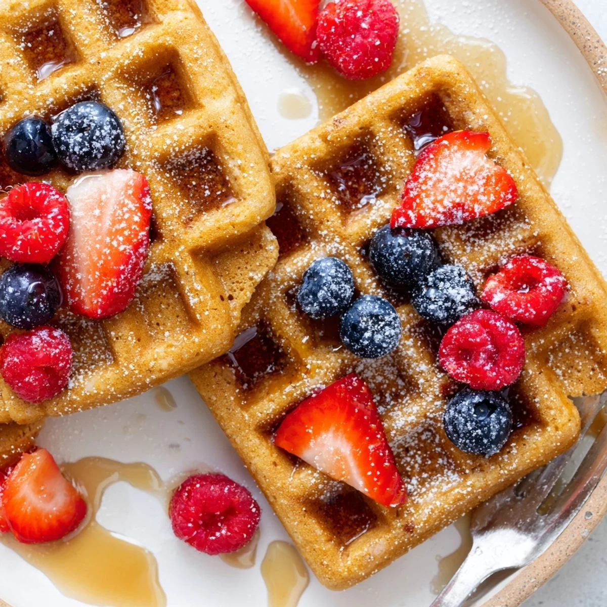 Golden, warm Almond Flour Waffles With Berries topped with maple syrup