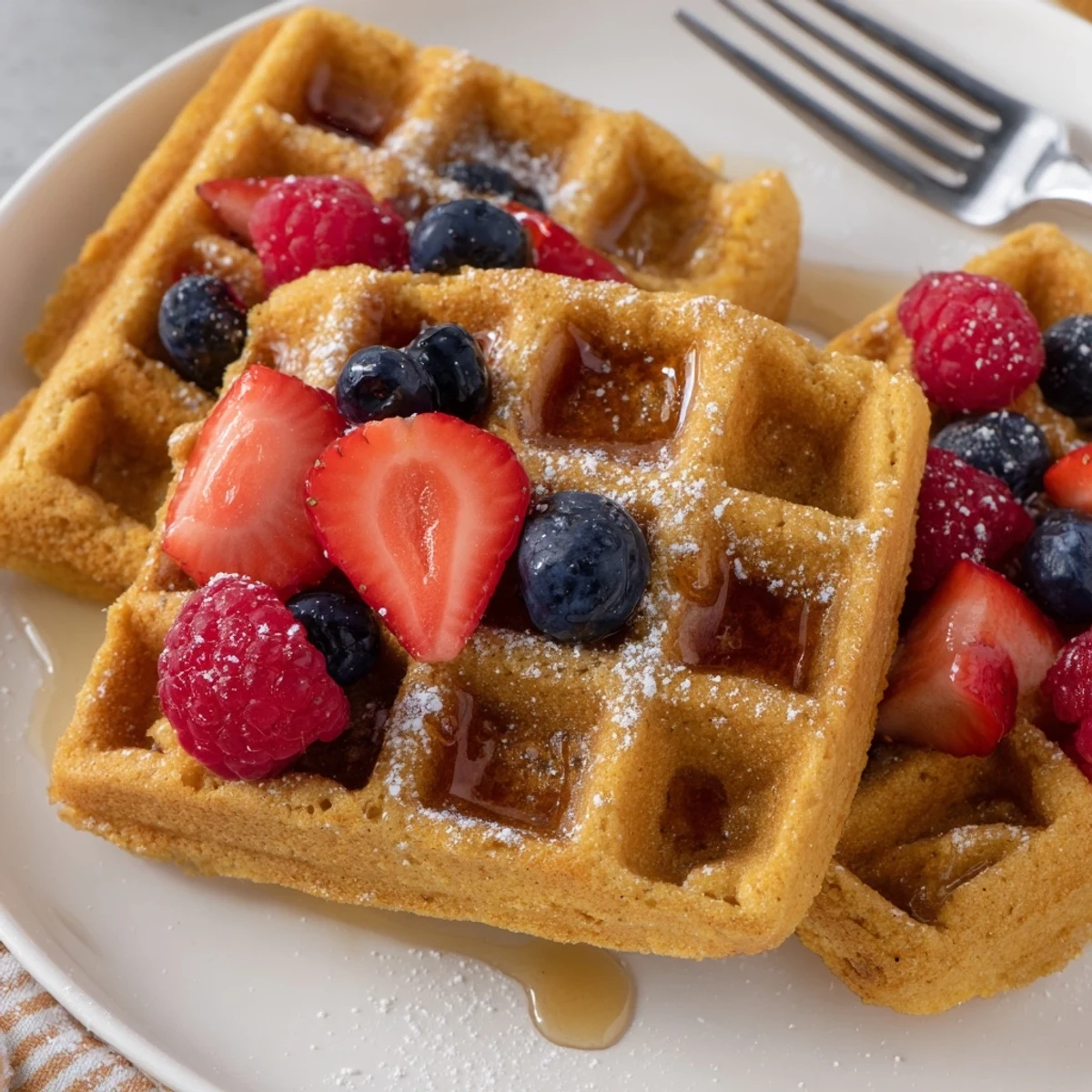 Crispy edges on Almond Flour Waffles With Berries served alongside whipped cream