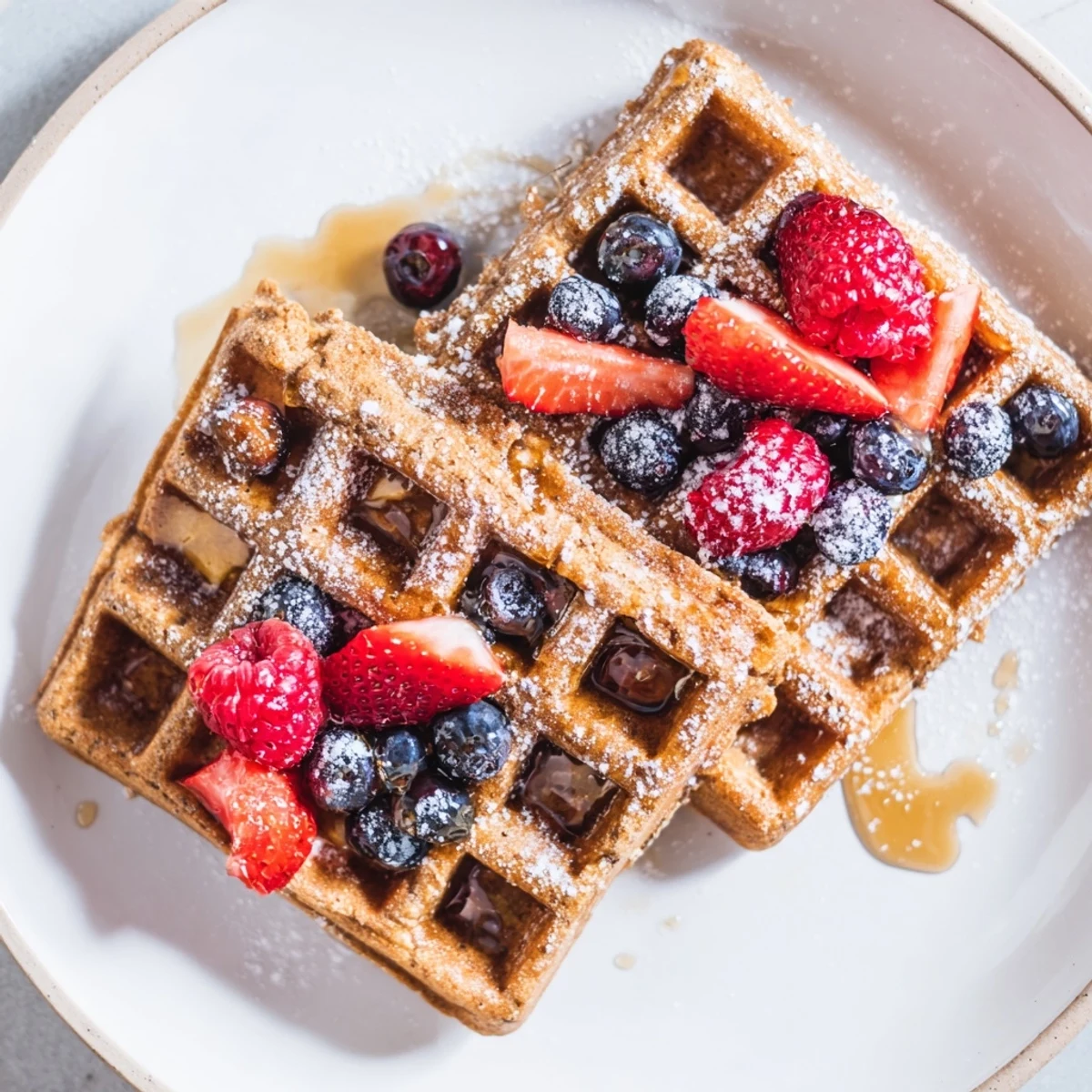 Steaming Almond Flour Waffles With Berries stacked on a brunch plate, buttery aroma