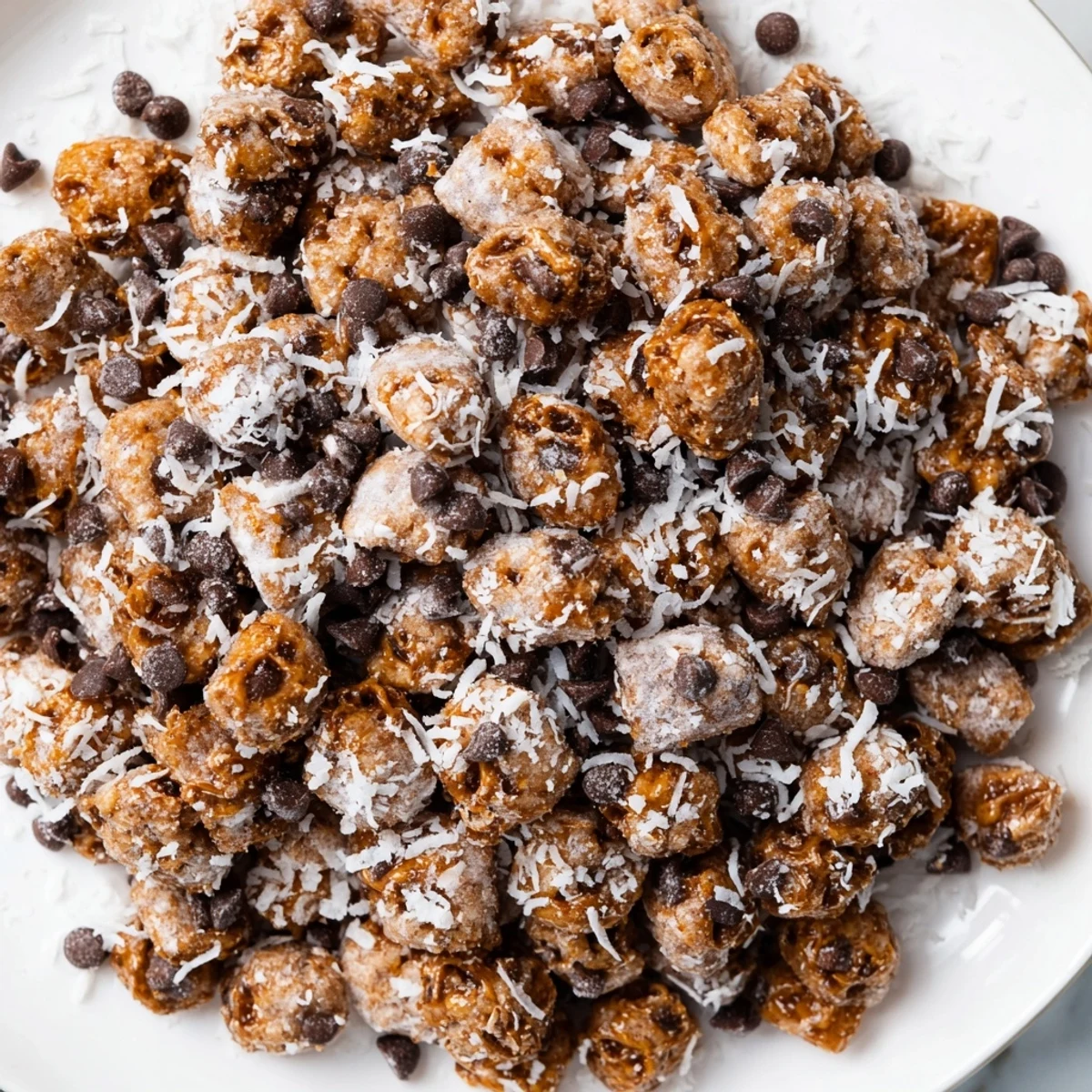 Samoas Puppy Chow Cereal piled on parchment, glossy chocolate-caramel and toasted coconut.