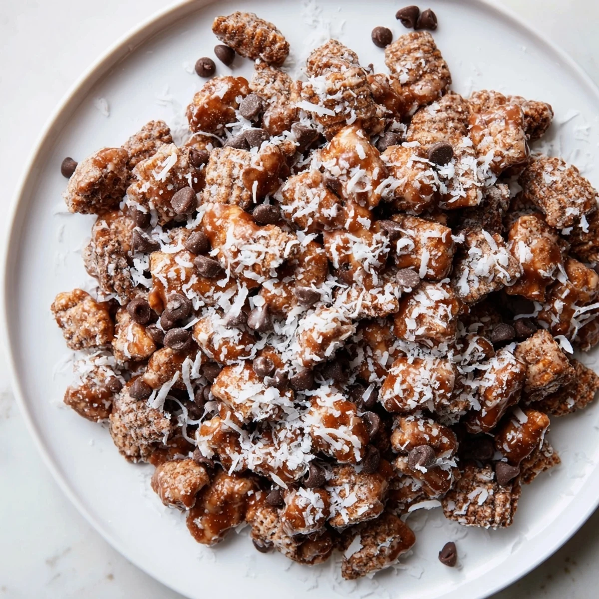 Warm chocolate-coated Samoas Puppy Chow Cereal tossed in powdered sugar, ready.