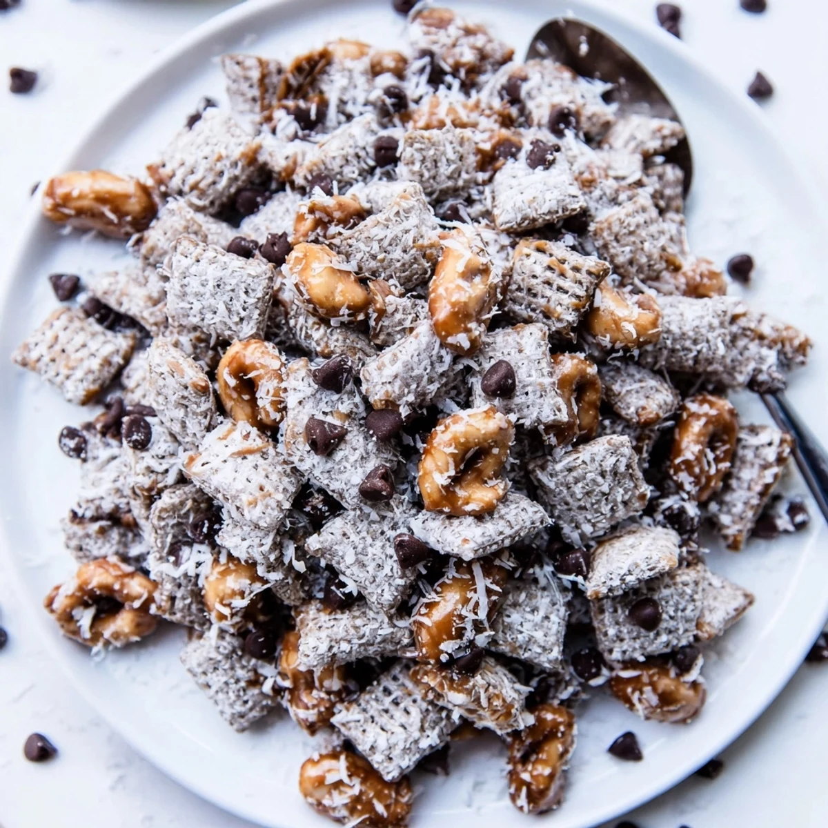 Crunchy Samoas Puppy Chow Cereal in a bowl, perfect for parties or gifting.