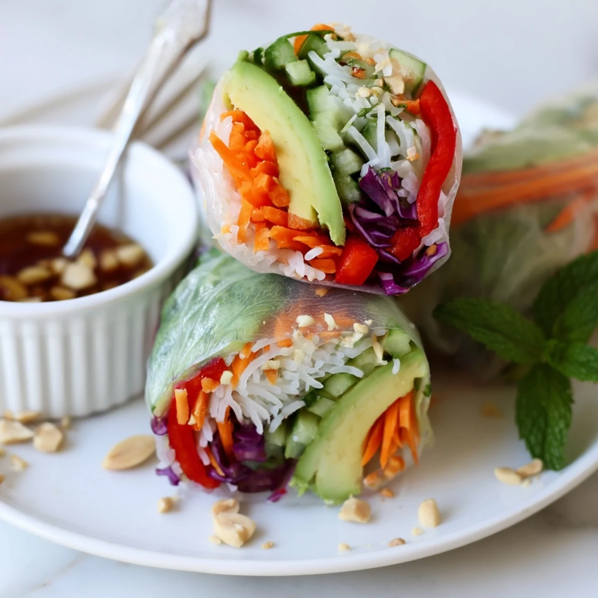 Sliced Gluten Free Vegetable Spring Rolls revealing crunchy carrots and avocado