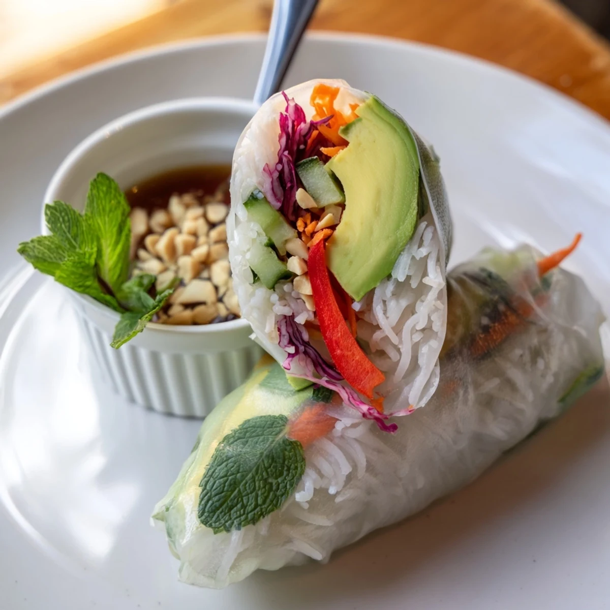 Gluten Free Vegetable Spring Rolls on a platter with bright herbs