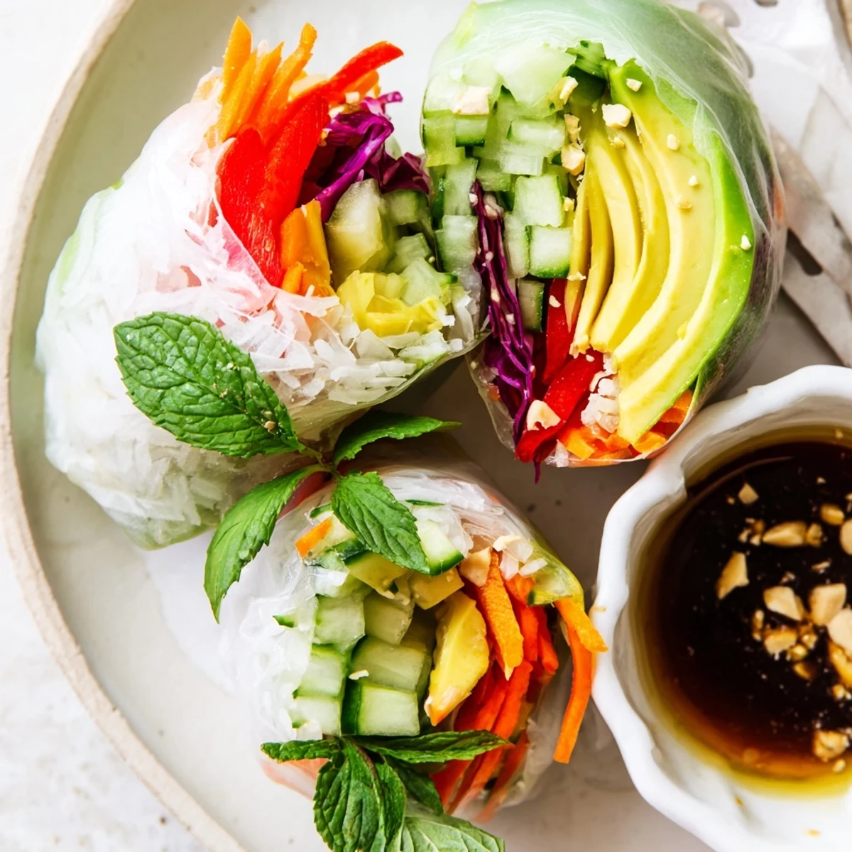 A stack of Gluten Free Vegetable Spring Rolls beside tangy dipping sauce