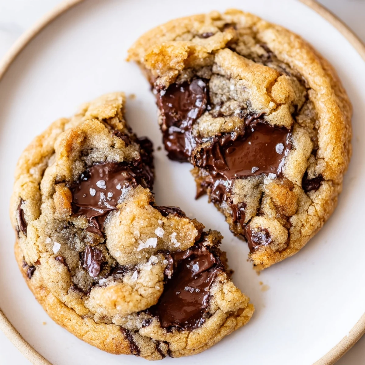 Freshly baked Brown Butter Chocolate Chip Cookies Recipe with melty chips, flaky sea salt