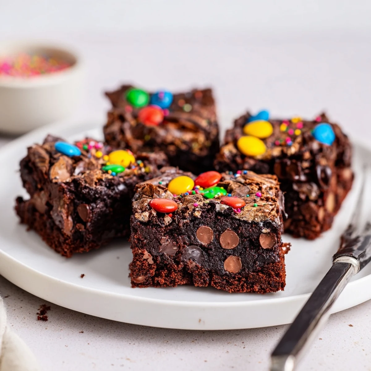 Sourdough Cosmic Chocolate Brownies with glossy fudgy centers and rainbow sprinkle crust