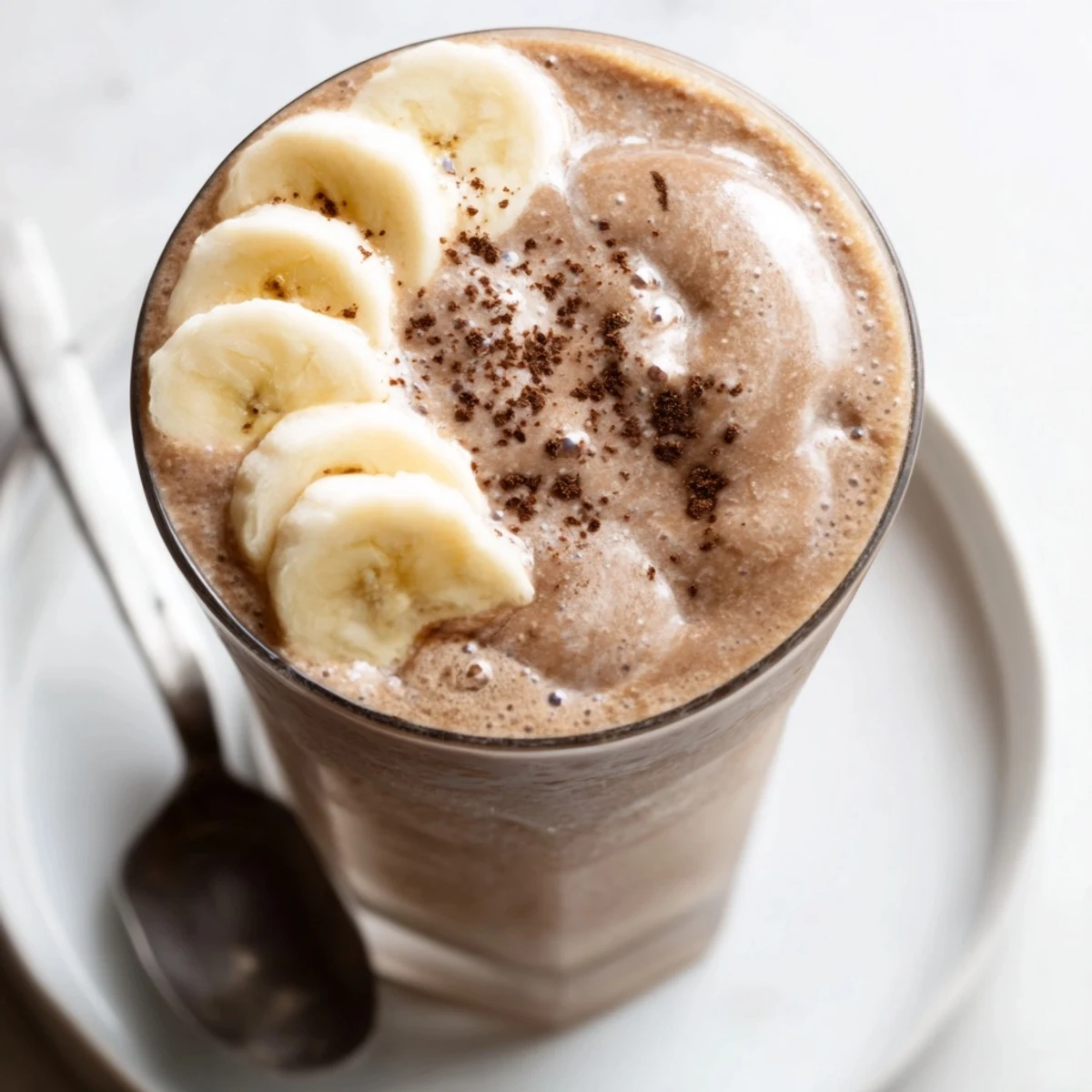 Silky Chocolate Peanut Butter Banana smoothie in glass, banana slice garnish.