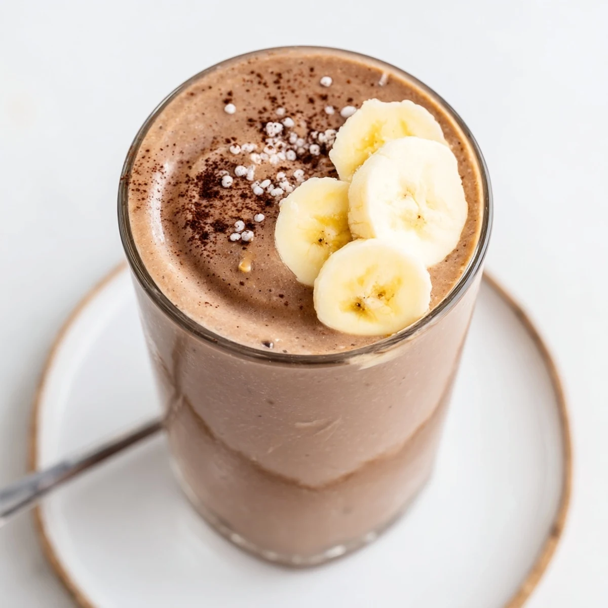 Frothy Chocolate Peanut Butter Banana shake topped with peanut butter drizzle.
