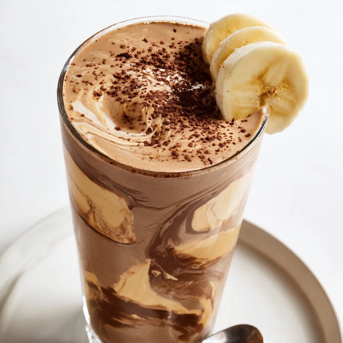 Cold Chocolate Peanut Butter Banana breakfast smoothie with cocoa dust and sliced banana.