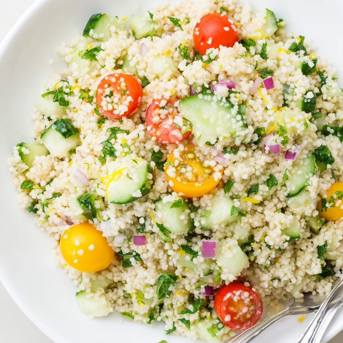 Cucumber Lemon Couscous Salad with bright lemon dressing, fluffy couscous, crunchy cucumber.