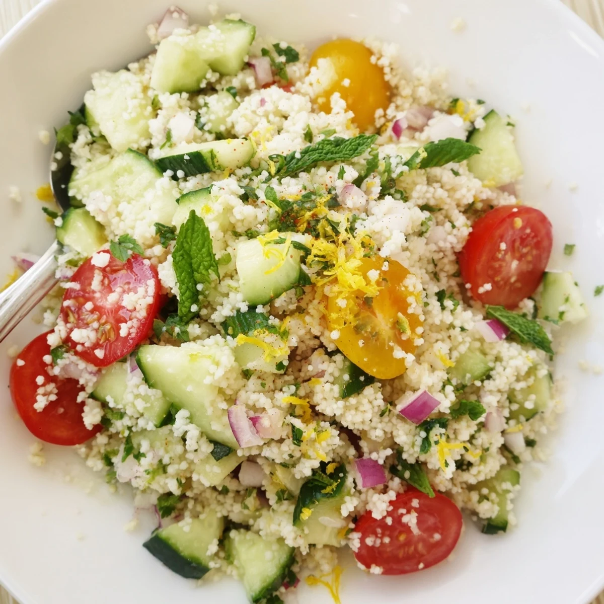 Chilled Cucumber Lemon Couscous Salad tossed with fresh mint, parsley, and tomatoes.
