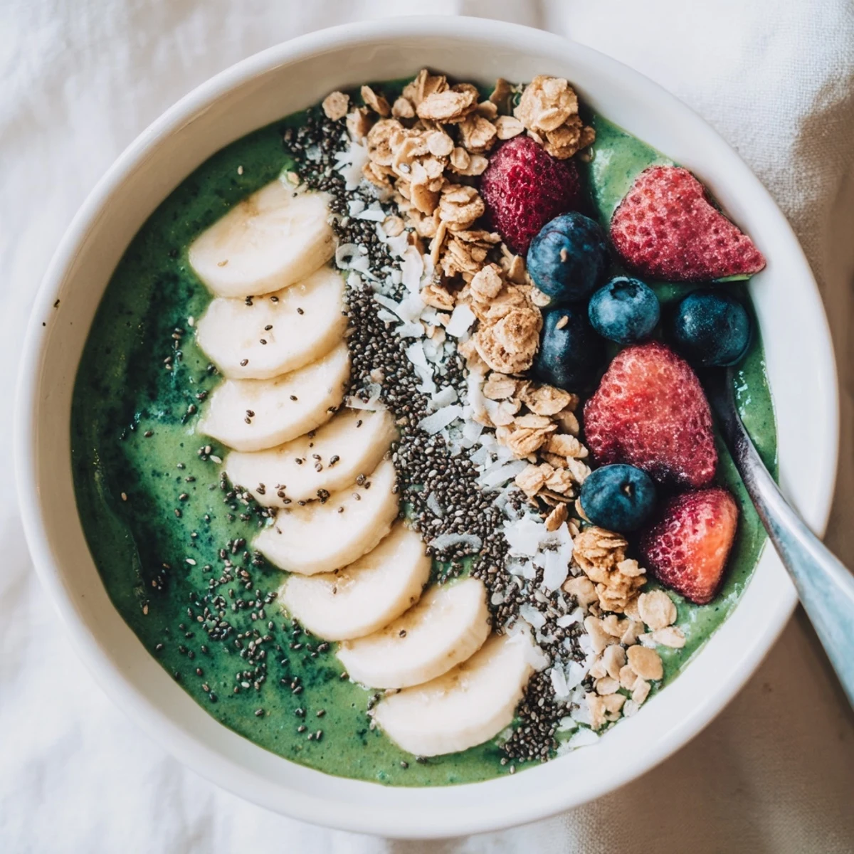 Green Smoothie Bowl with Spirulina, Banana & Hemp Seeds topped with berries