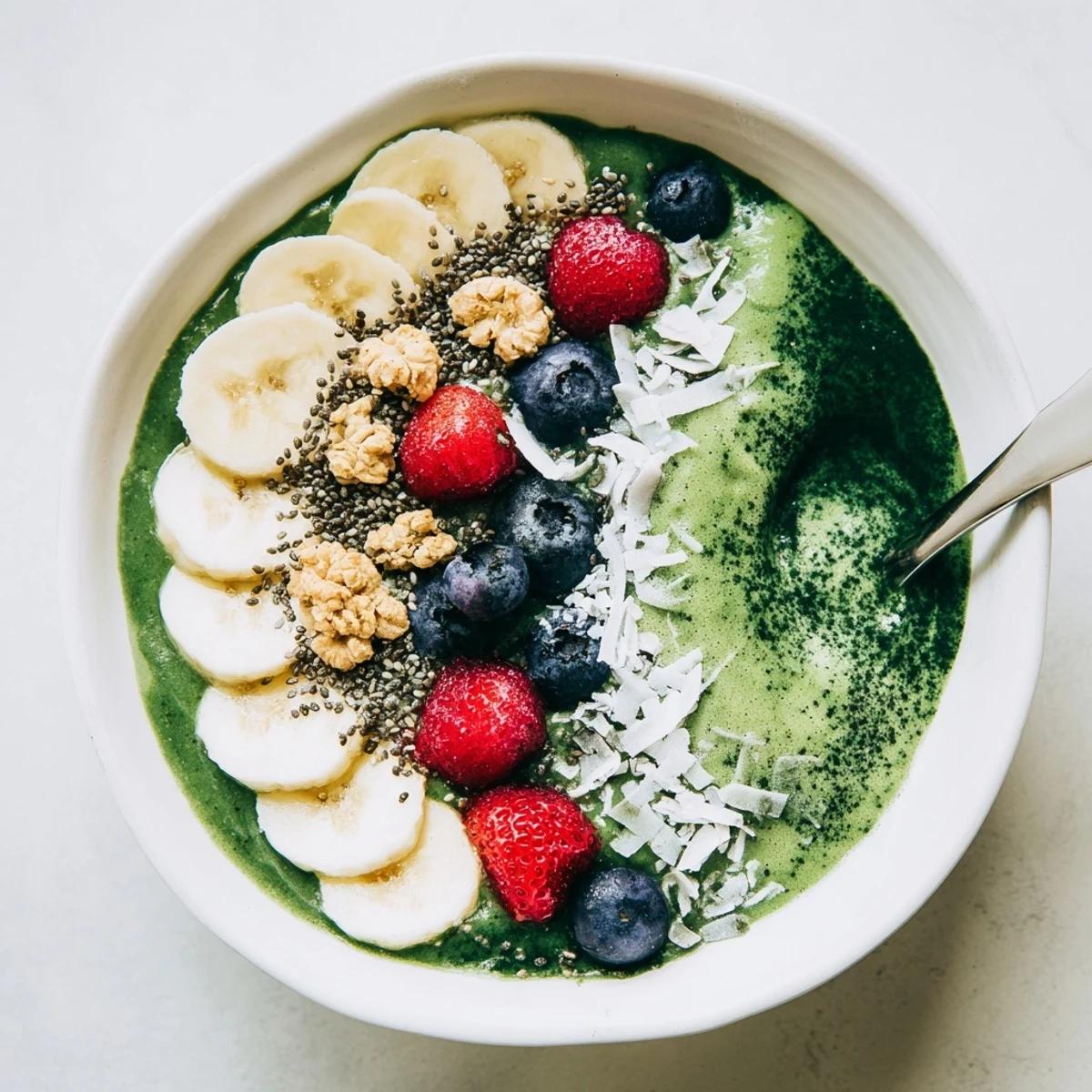 Bright Green Smoothie Bowl with Spirulina, Banana & Hemp Seeds garnished with coconut