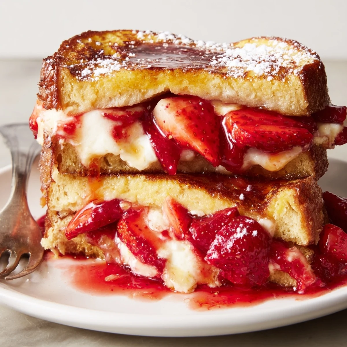 Warm brunch plate featuring Cream Cheese Stuffed French Toast With Strawberry Drizzle.