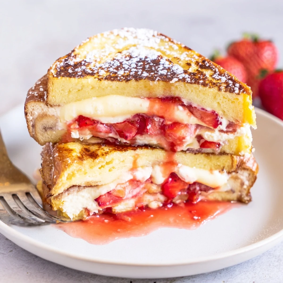 Cream Cheese Stuffed French Toast With Strawberry Drizzle, golden slices steaming with syrup.