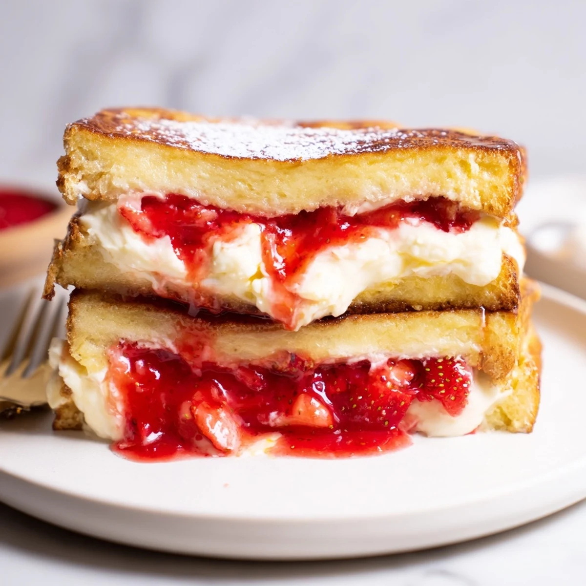 Skillet-seared Cream Cheese Stuffed French Toast With Strawberry Drizzle, creamy center and bright berries.