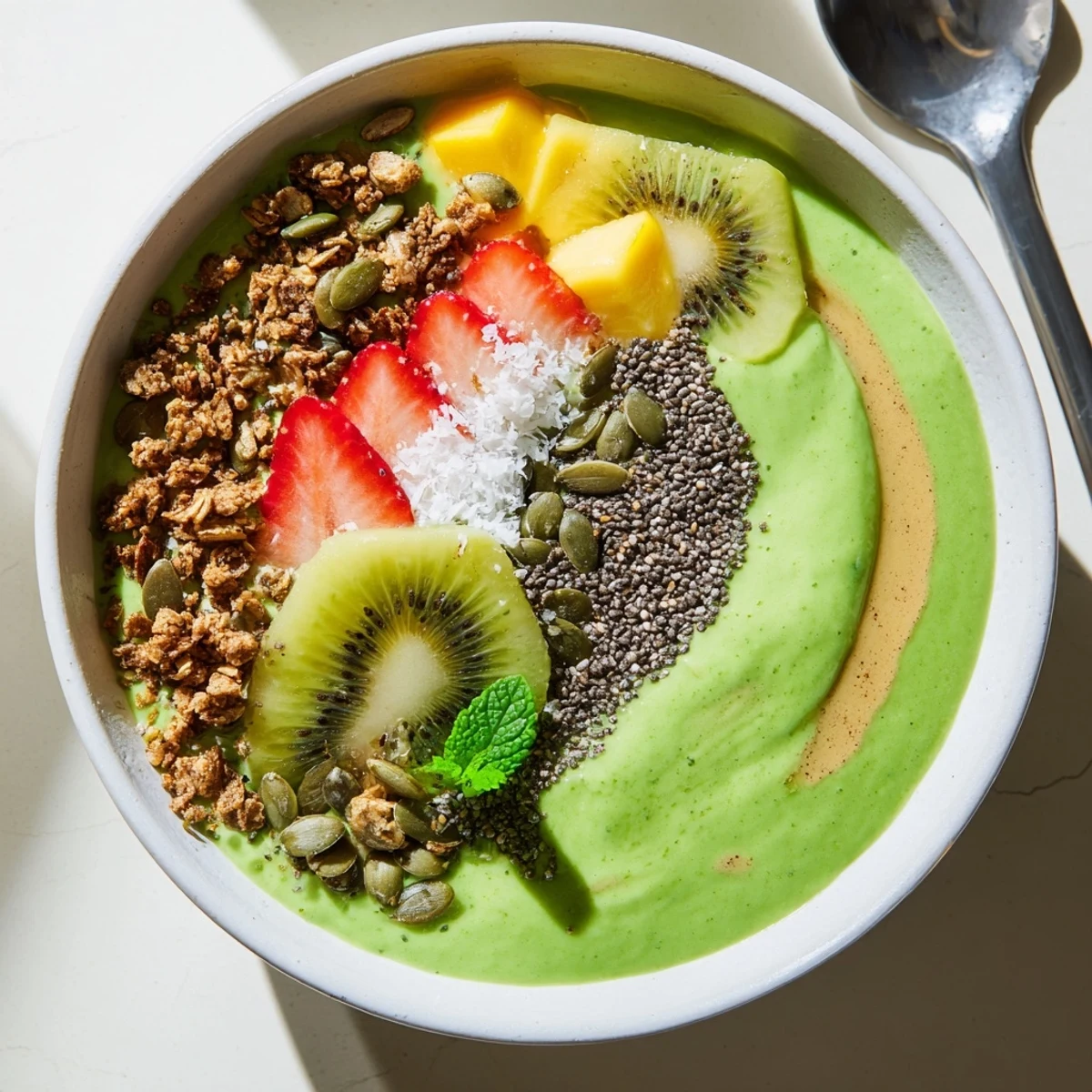 Green Smoothie Bowls topped with strawberries, kiwi, and crunchy granola ready to eat