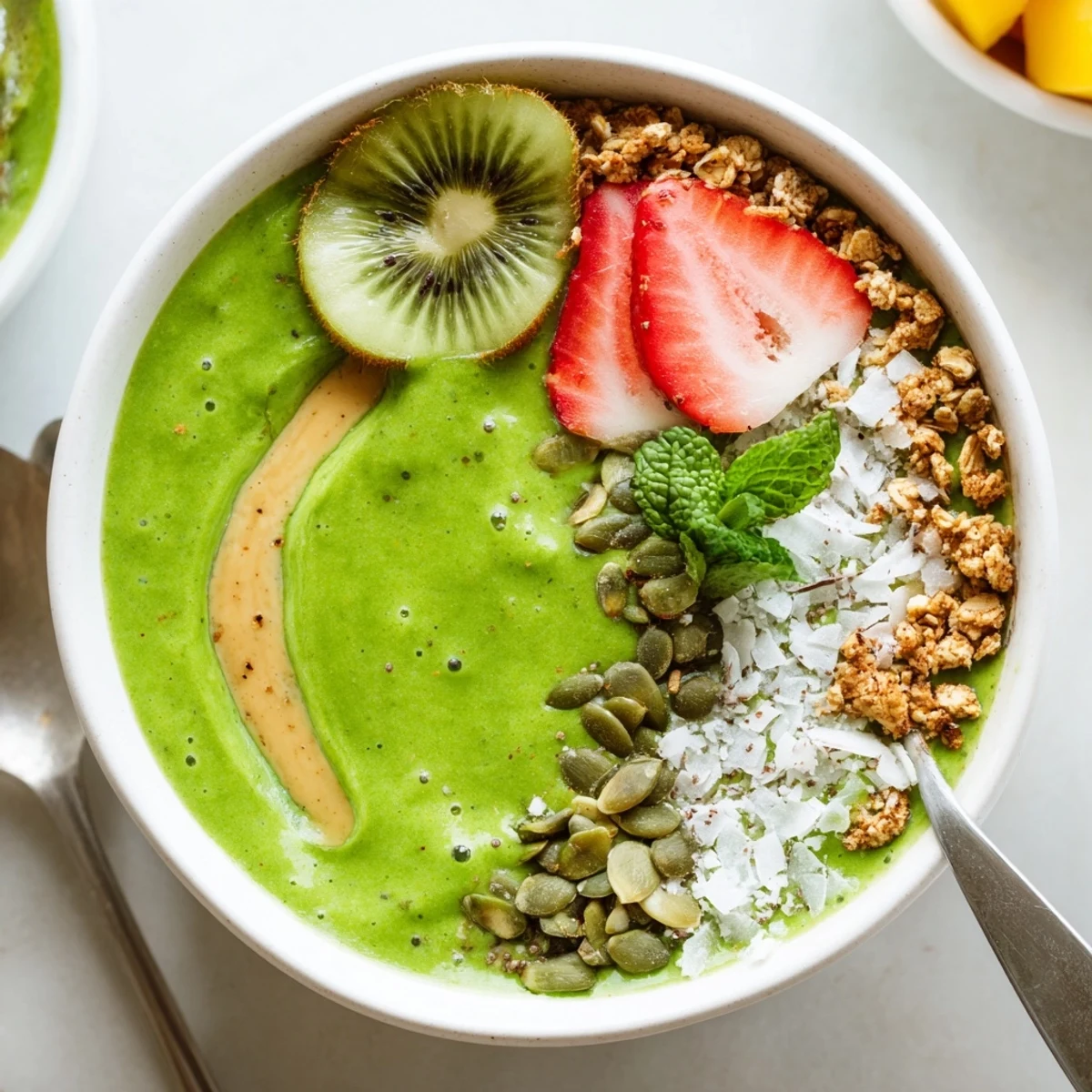 Creamy Green Smoothie Bowls served in ceramic dishes with mint and a spoon