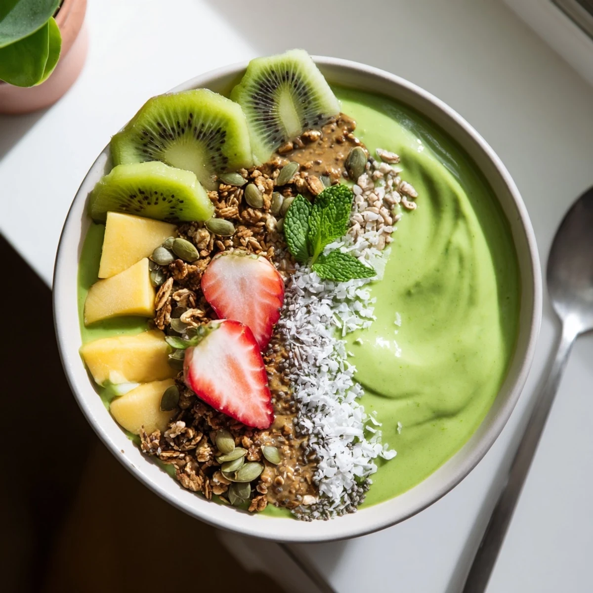 Vibrant Green Smoothie Bowls bursting with mango and banana, chilled for breakfast