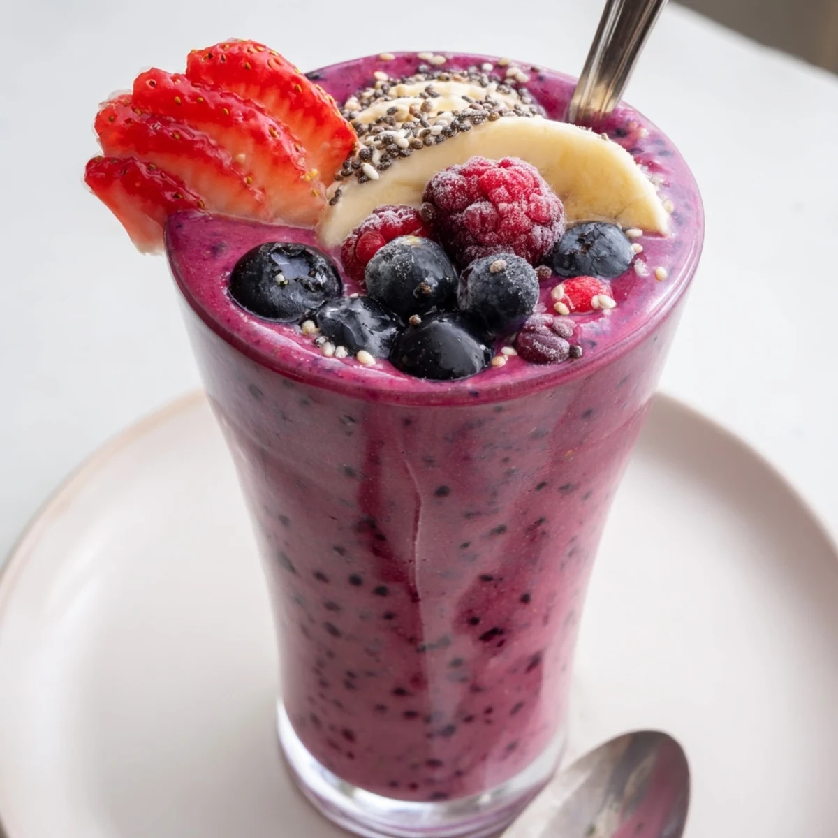 Glass of chilled Summer Berry Smoothie, creamy, sweet and tart frothy  
