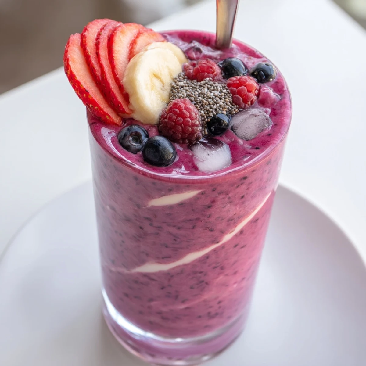 Thick Summer Berry Smoothie swirled with banana, Greek yogurt, sprinkled chia seeds