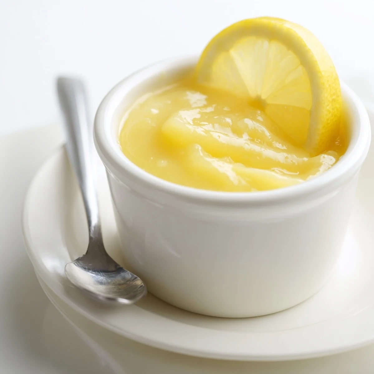 Homemade Lemon Curd glossy and bright, spoon resting beside flaky scones