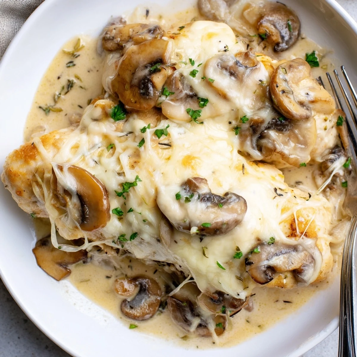 Warm Cheesy Chicken Mushroom Bake served with parsley garnish and mashed potatoes