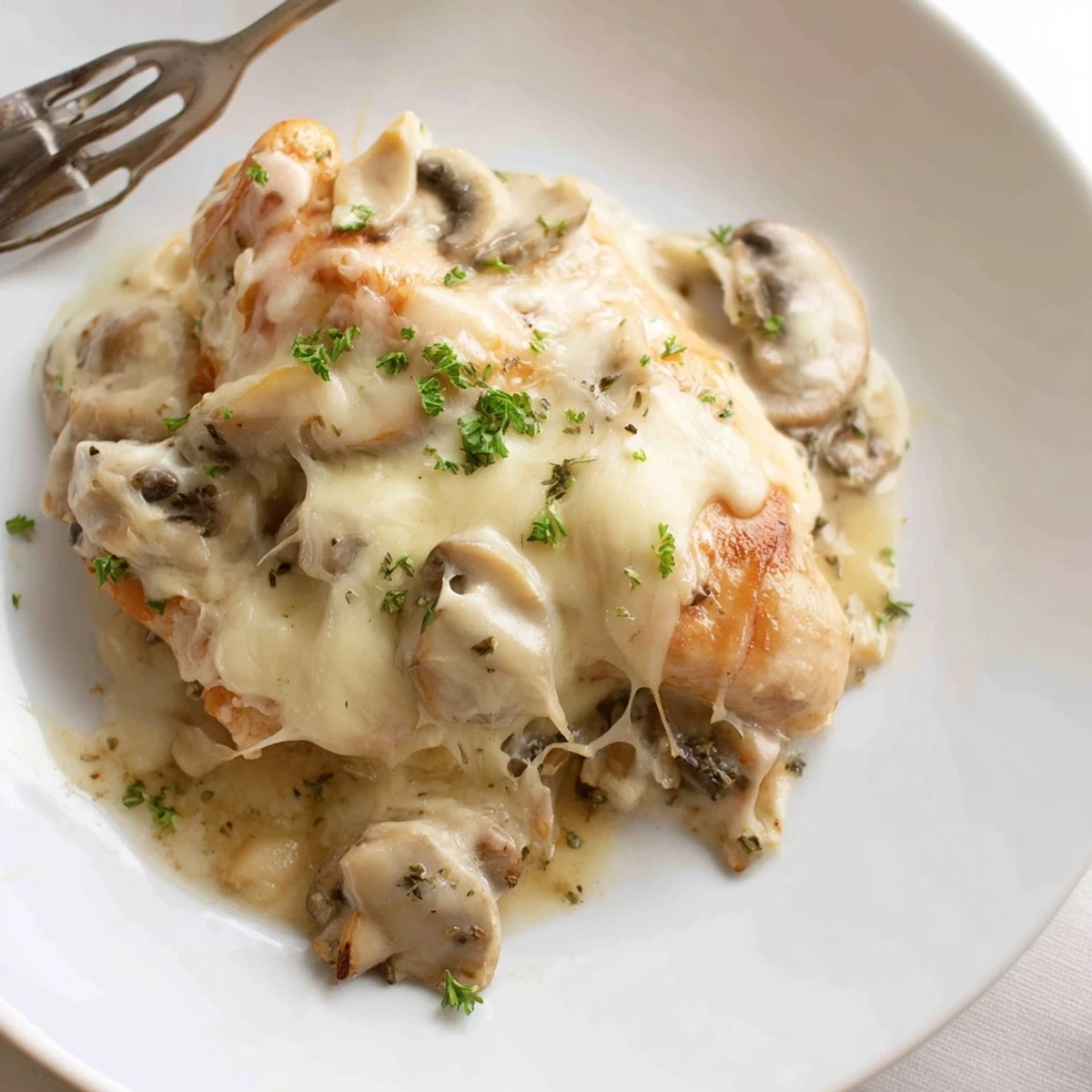 Cheesy Chicken Mushroom Bake bubbling golden, creamy sauce over tender roasted chicken