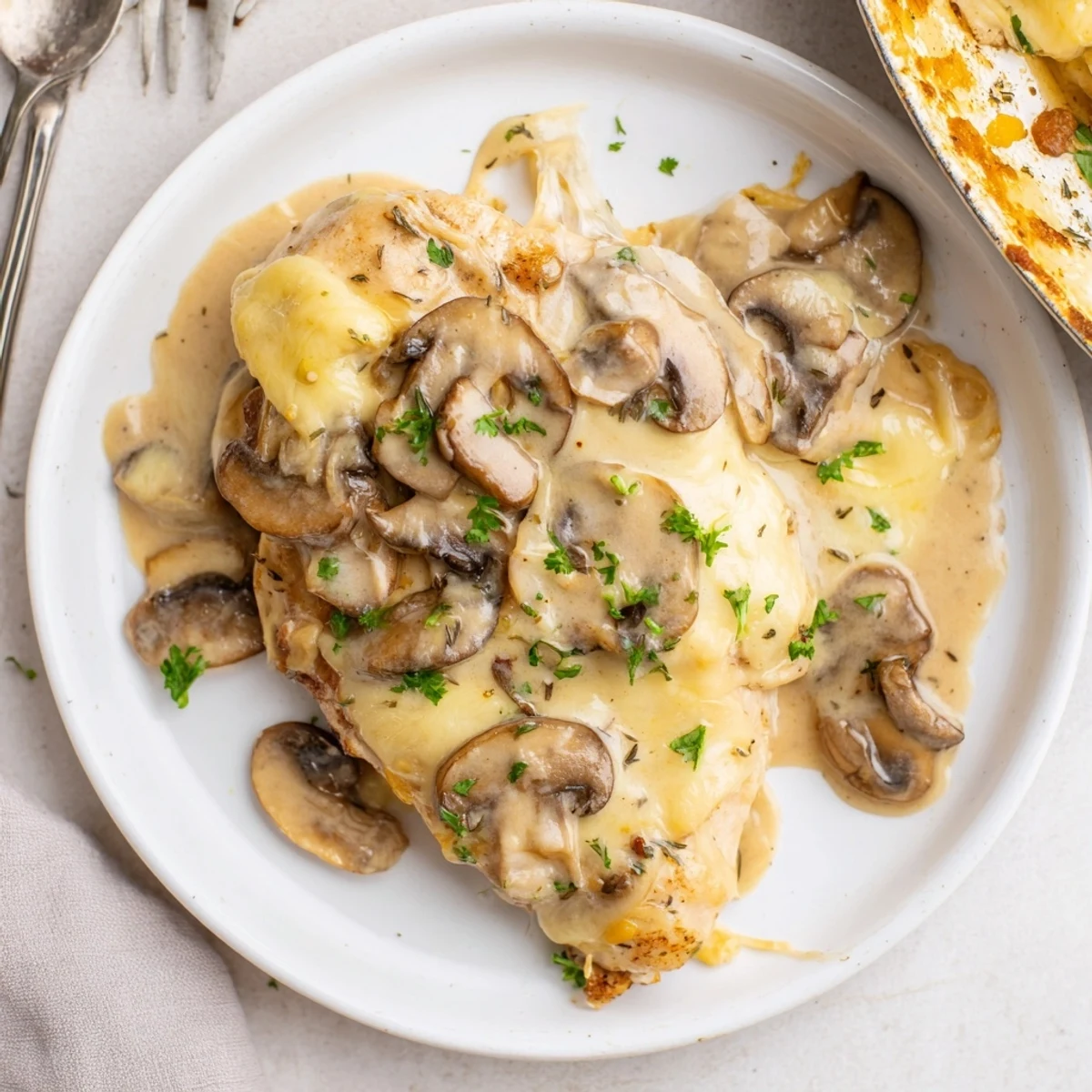 Oven baked Cheesy Chicken Mushroom Bake showing melted cheese, sauteed mushrooms and steam