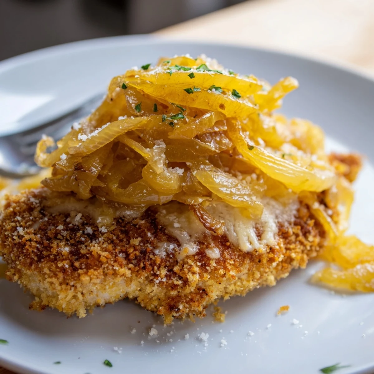 Crispy Chicken Caramelized Onions Melted Cheese on baking sheet, golden bubbly topping
